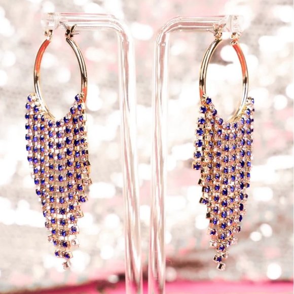One Blessed Nana Jewelry - * NWT  BOUTIQUE  BLUE AND WHITE RHINESTONE FRINGE GOLDTONE HOOP EARRINGS